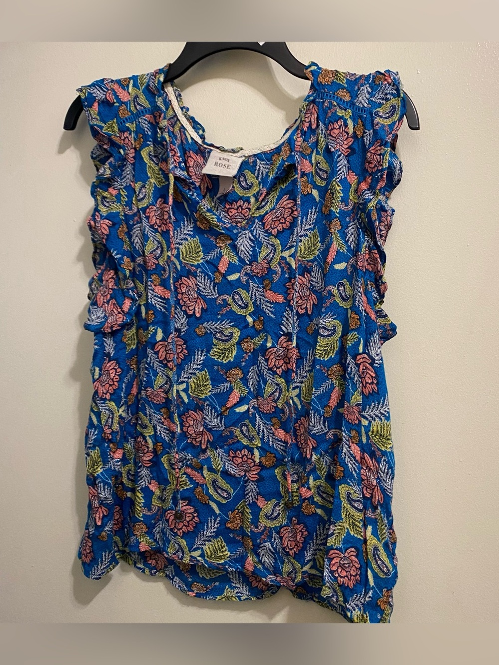 Knox Rose Womens L Large 44” Tank Top Boho Ruffled Blue Colorful  Floral